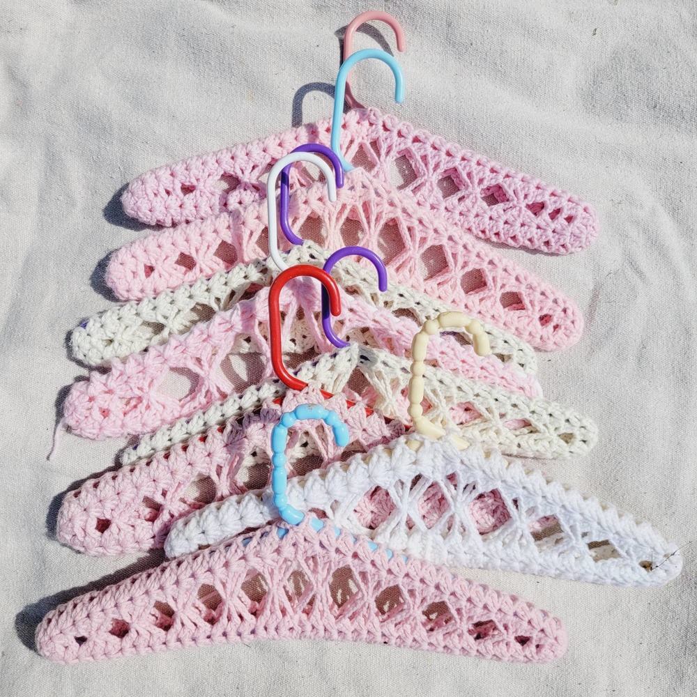 VTG Set of 8 Handmade Yarn Crocheted Hangers Grandmacore Pink White Granny